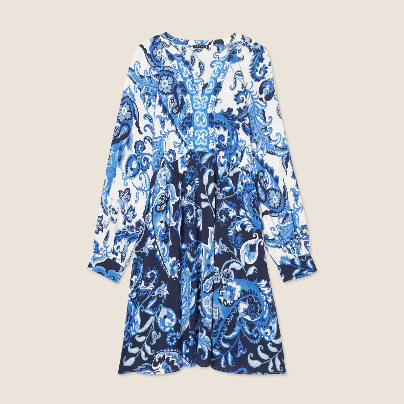 Robe évasée fluide bleu électrique blanc femme vue sans mannequin