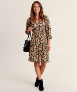 Robe evasee manches 3 4 bleu fonce femme vue d ensemble 2