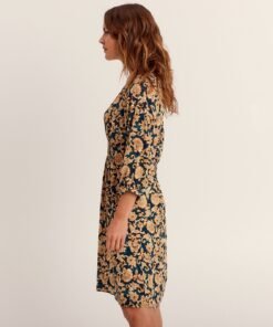 Robe evasee manches 3 4 bleu fonce femme vue d ensemble