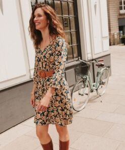 Robe evasee manches 3 4 bleu fonce femme vue d ensemble