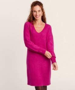 Robe pull droite col en V rose fuchsia femme vue rapprochee de face