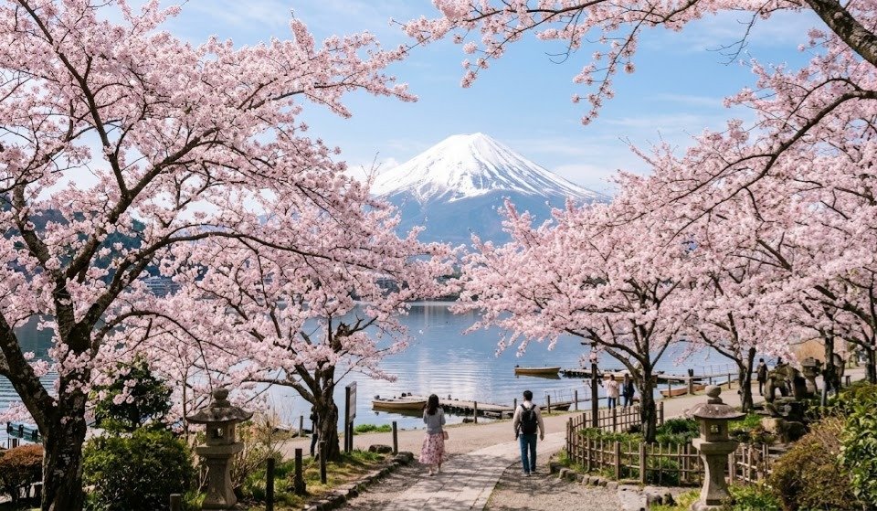 Cerisiers en fleurs ou sakura face au Mont Fuji
